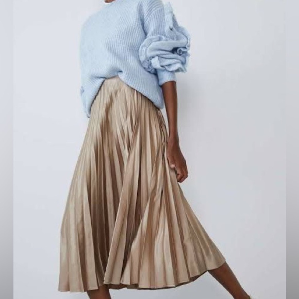 Zara Light Brown Pleated Midi Skirt